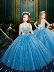 Scoop Floor Length Ball Gowns Sleeveless Blue Child Pageant Dress Clasp Handle