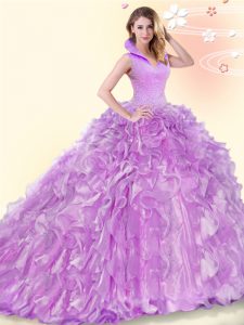 Fantastic Lilac Sleeveless Beading and Ruffles Backless Quinceanera Dress