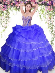 Discount Blue Ball Gowns Organza Sweetheart Sleeveless Beading and Ruffled Layers and Pick Ups Floor Length Lace Up Vestidos de Quinceanera