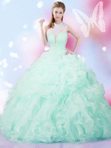 Custom Fit Sleeveless Floor Length Beading and Ruffles and Pick Ups Lace Up Sweet 16 Quinceanera Dress with Apple Green