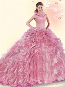 Beading and Ruffles Quinceanera Gowns Pink Backless Sleeveless Brush Train