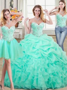 Latest Three Piece Sleeveless Organza Floor Length Lace Up Quince Ball Gowns in Apple Green with Beading and Ruffles and Pick Ups