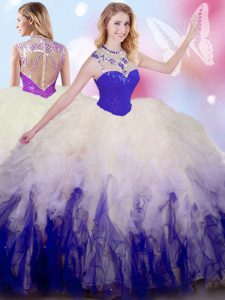 White And Purple Zipper 15 Quinceanera Dress Beading and Ruffles Sleeveless Floor Length