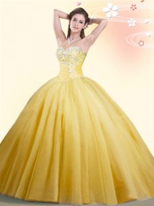 Admirable Sleeveless Tulle Floor Length Lace Up Quinceanera Dresses in Gold with Beading