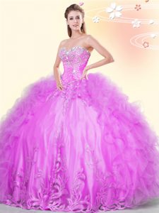Sleeveless Asymmetrical Beading and Appliques and Ruffles Lace Up Quinceanera Gowns with Lilac