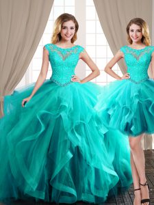 Latest Three Piece Aqua Blue Lace Up Scoop Beading and Appliques and Ruffles Ball Gown Prom Dress Tulle Cap Sleeves Brush Train