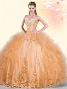 Exceptional Floor Length Orange 15th Birthday Dress Sweetheart Sleeveless Lace Up