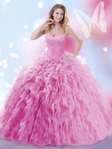 Attractive Rose Pink Sleeveless Tulle Brush Train Lace Up 15 Quinceanera Dress for Military Ball and Sweet 16 and Quinceanera