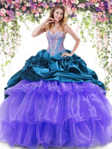 Organza and Taffeta Sleeveless With Train Quinceanera Gowns Brush Train and Beading and Ruffled Layers and Pick Ups