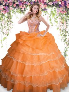 Sophisticated Orange Sleeveless Beading and Ruffled Layers and Pick Ups Floor Length 15th Birthday Dress