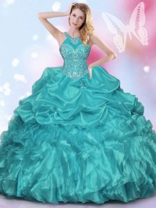 Captivating Teal Ball Gowns Halter Top Sleeveless Organza and Taffeta Floor Length Lace Up Appliques and Ruffles and Pick Ups Sweet 16 Dress