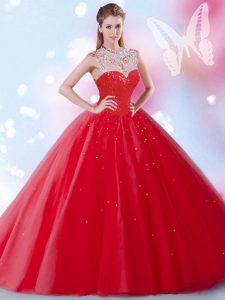 Best Red High-neck Neckline Beading and Sequins Vestidos de Quinceanera Sleeveless Zipper