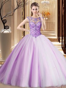 Top Selling Lavender Lace Up Scoop Beading Sweet 16 Dress Tulle Sleeveless Brush Train