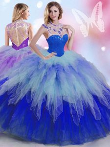 Multi-color Tulle Zipper Sweet 16 Quinceanera Dress Sleeveless Floor Length Beading and Ruffles