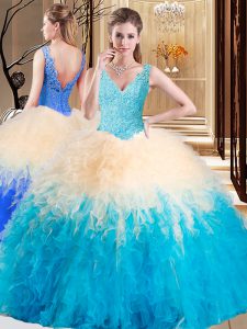 Sweet Sleeveless Floor Length Appliques and Ruffles Zipper Quince Ball Gowns with Multi-color