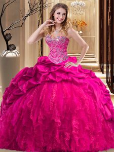Vintage Sleeveless Beading and Ruffles Lace Up Quince Ball Gowns with Hot Pink Brush Train