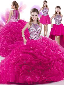 Fine Four Piece Hot Pink Zipper Quinceanera Dresses Beading and Pick Ups Sleeveless Floor Length