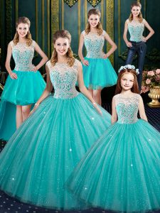 Glorious Aqua Blue Sleeveless Tulle Lace Up Vestidos de Quinceanera for Military Ball and Sweet 16 and Quinceanera