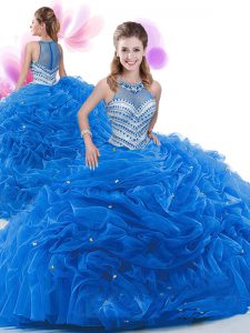 Cheap Royal Blue Sleeveless Court Train Ruffles Quinceanera Dress
