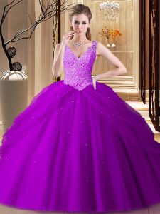 Sophisticated Floor Length Backless Quinceanera Gown Purple for Military Ball and Sweet 16 and Quinceanera with Appliques and Pick Ups