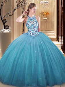 Glittering Blue High-neck Neckline Lace and Appliques Quinceanera Dresses Sleeveless Lace Up