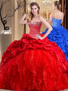 Cheap Red Sweet 16 Quinceanera Dress Military Ball and Sweet 16 and Quinceanera with Beading and Ruffles Sweetheart Sleeveless Brush Train Lace Up