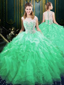 Scoop Sleeveless Brush Train Appliques and Ruffles Zipper Quinceanera Gown