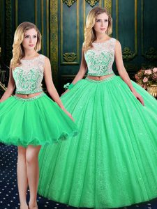 Three Piece Scoop Sleeveless Lace and Sequins Floor Length Quince Ball Gowns