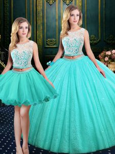Great Three Piece Scoop Blue Lace Up Sweet 16 Dresses Lace and Sequins Sleeveless Floor Length