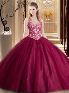 Fashionable Burgundy Sleeveless Floor Length Beading and Lace and Appliques Lace Up 15 Quinceanera Dress