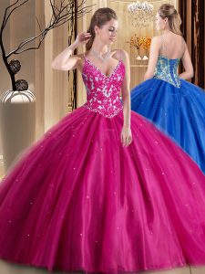 Lovely Floor Length Hot Pink Ball Gown Prom Dress Spaghetti Straps Sleeveless Lace Up