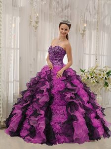 Multi-colored Sweetheart Beaded Organza Quinceanera Dress with Ruffles for Cheap