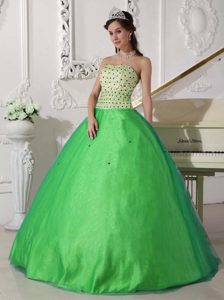 Spring Green Strapless Ball Gown Tulle Quinceanera Dresses with Beading for Cheap