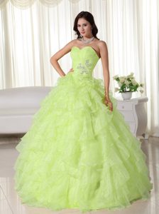 Yellow Green Sweetheart Floor-length Organza Appliqued Ruffled Dresses for Quince