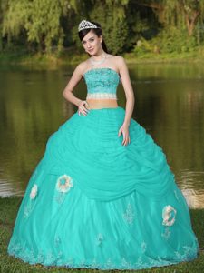 Tulle Strapless Apple Green Quinceanera Dress with Flowers and Beading