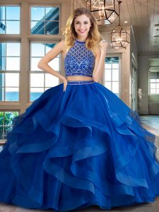Halter Top Royal Blue Tulle Backless Quinceanera Dresses Sleeveless Brush Train Beading and Ruffles