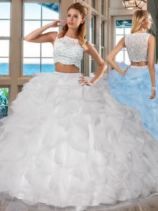 White Two Pieces Organza Bateau Sleeveless Beading and Ruffles Floor Length Side Zipper Quinceanera Gown