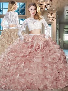 Admirable Pink Scoop Neckline Beading and Lace and Ruffles Quince Ball Gowns Long Sleeves Zipper