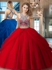 Best Selling Red Two Pieces Scoop Sleeveless Tulle Floor Length Criss Cross Beading and Pick Ups Sweet 16 Dress