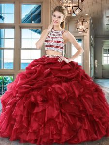 Beauteous Wine Red Organza Backless Scoop Sleeveless Floor Length Quince Ball Gowns Beading and Ruffles and Pick Ups