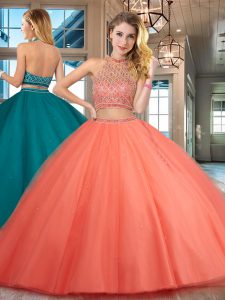 Unique Halter Top Floor Length Two Pieces Sleeveless Orange Red Sweet 16 Dress Backless
