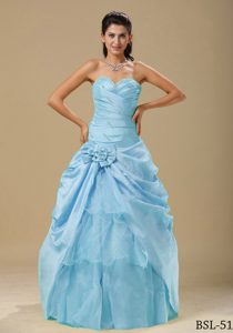 Ruched Sweetheart Blue Taffeta Quinceanera Dress with Beading and Flower on Sale