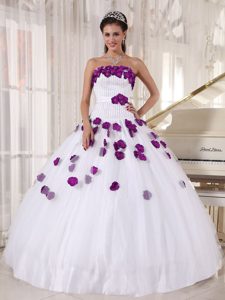 Nice Beaded Strapless White Tulle Sweet 16 Dress with Purple Flowers on Promotion
