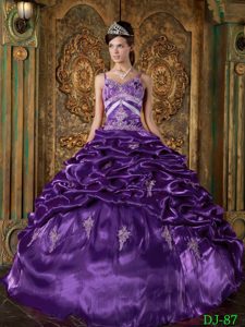 Purple Appliqued Dress for Quince with Pick-ups and Spaghetti Straps in Taffeta