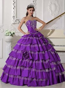 Purple Appliqued and Layered Sweet 16 Quince Dresses with Handmade Flowers
