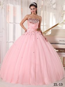 Lovely Pink Strapless Tulle Quinceanera Dress with Beading and Ruching