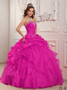 Hot Pink Strapless Organza Quinceanera Dress with Beading and Ruffles