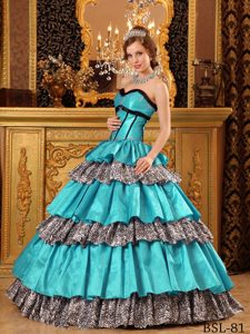 2013 Fashionable Turquoise Ruffles Leopard Print Quinceneara Dresses