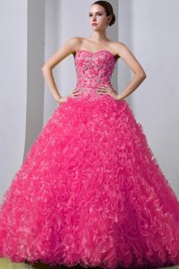 Hot Pink Sweetheart Beaded and Ruffled Quinceanea Dresses in Organza