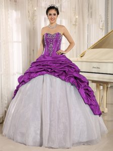 Modest Purple and White Dress for Quince with Embroidery and Pick-ups